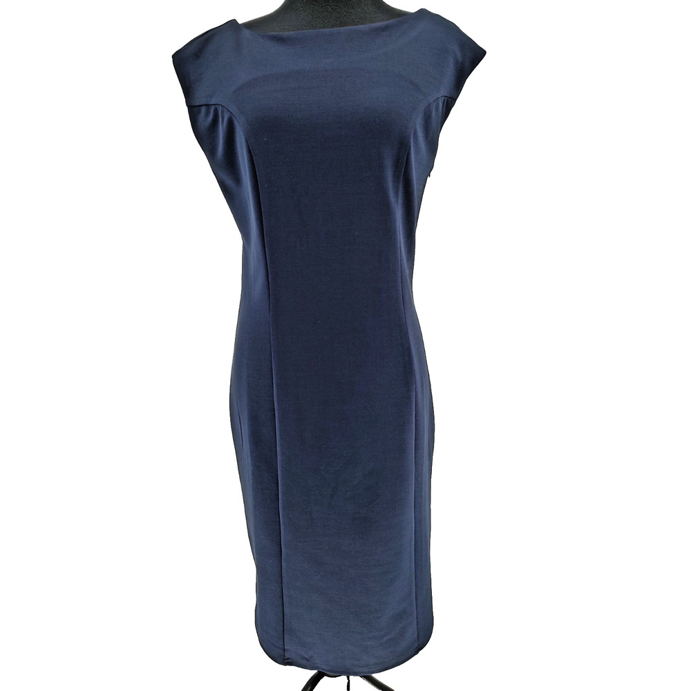 Chance Woman's NEW Blue Sheath Ponte Dress Size Large Stretch Side Zip Back Slit